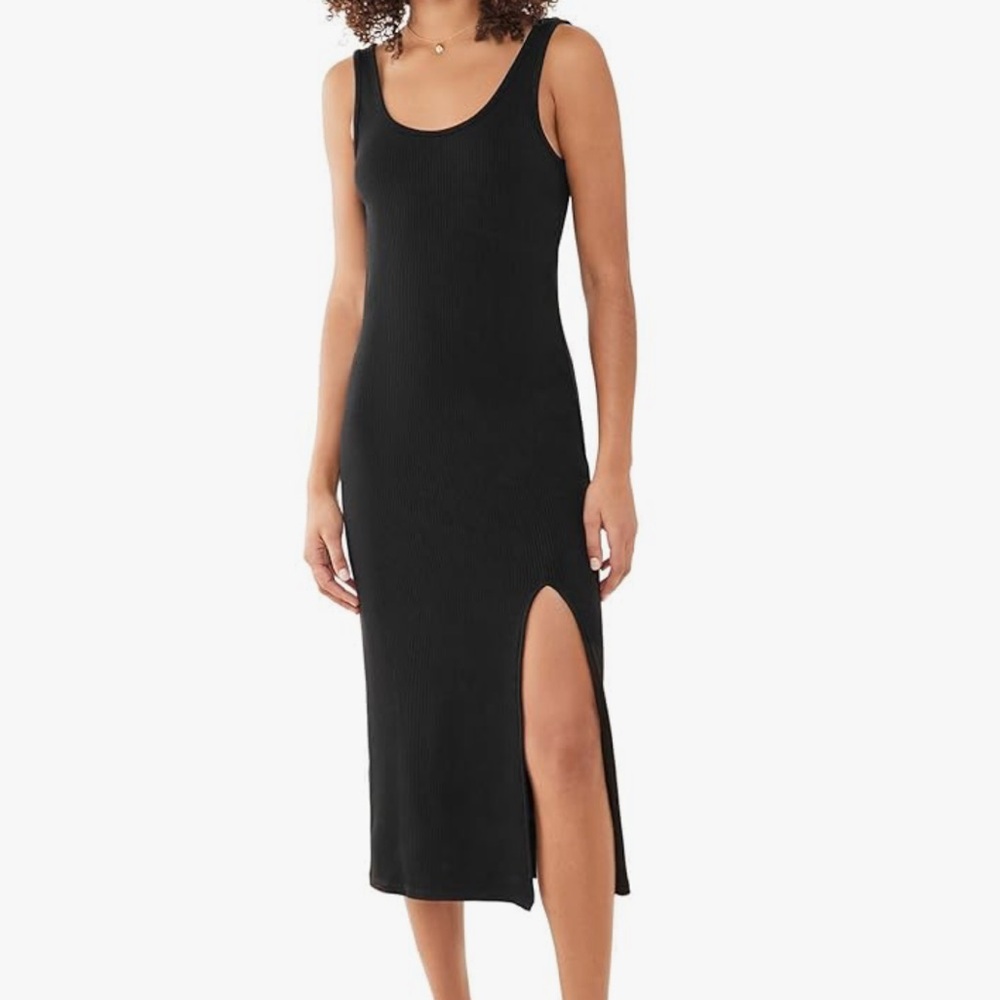 Z Supply Melina Ribbed Dress, Black Ribbed Midi Dress with Slit, Small, Soft Rib